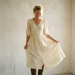 Boho Romantic Floral Button-Front Midi Dress | Light Yellow Cream | Medium